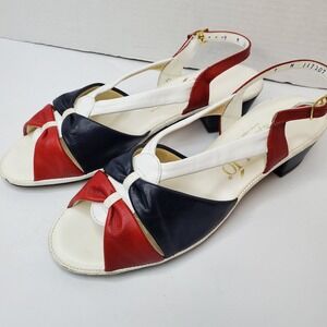 Penaljo Red White & Blue Vintage Peep Toe Slingback Kitty Heel 2" Sandals 9M